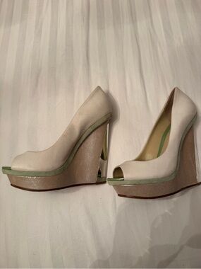Brian Atwood Ivory Peep-Toe Wedges with Mint Trim